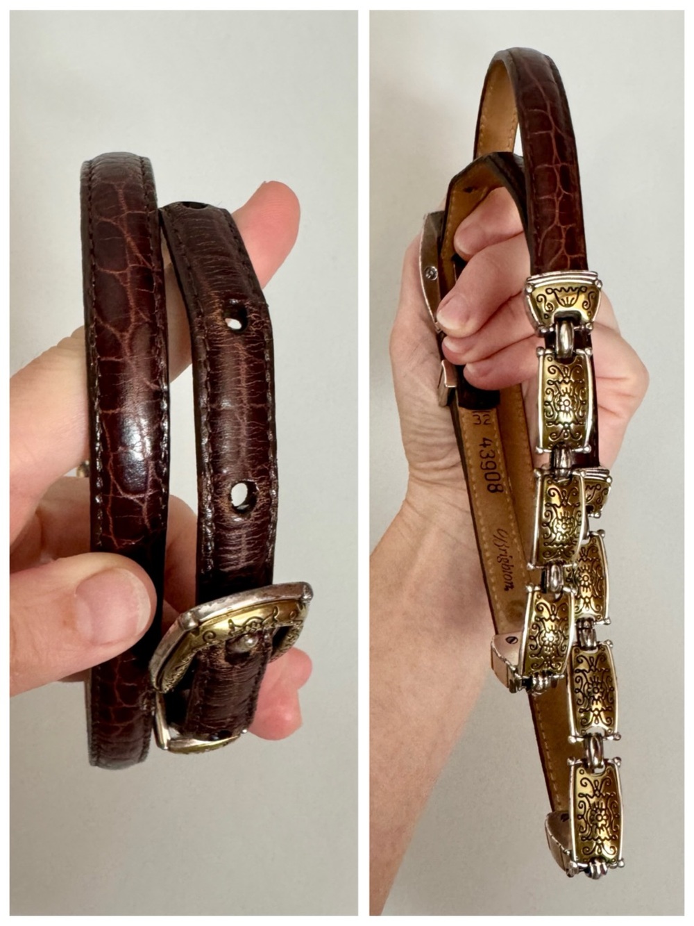 Brighton Western Brown Leather Croc-Embossed Concho Belt, Silver & Gold sz. 32 - Picture 13 of 16